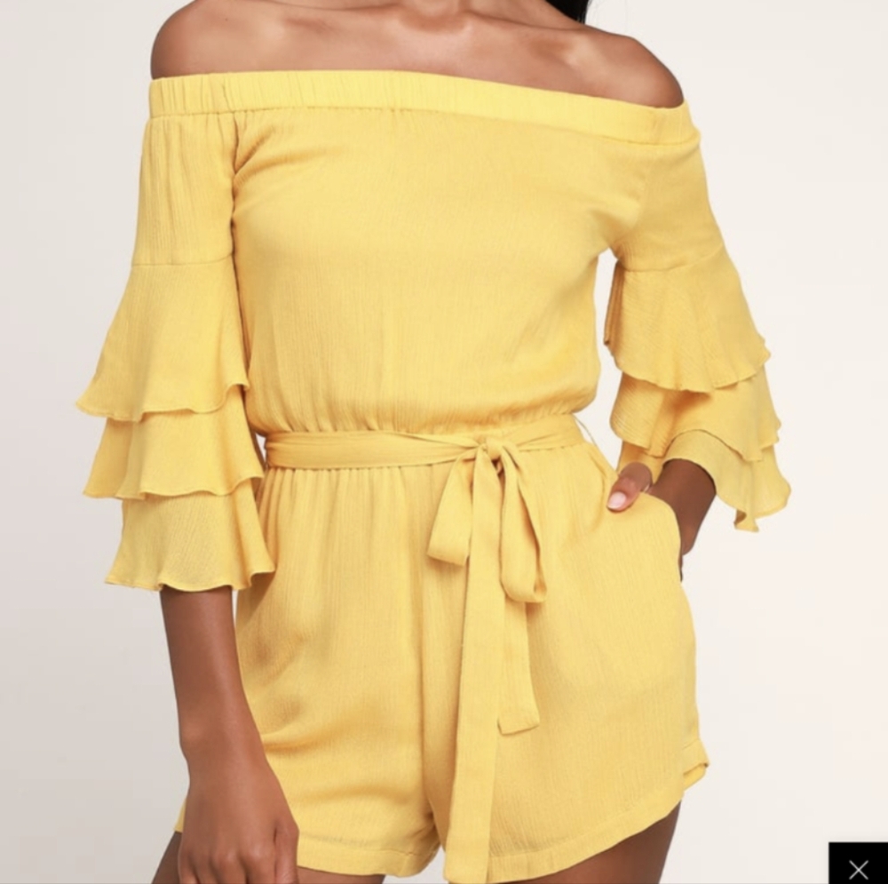 Lulus Santa Ana Yellow Off-the-Shoulder Flounce Sleeve Romper